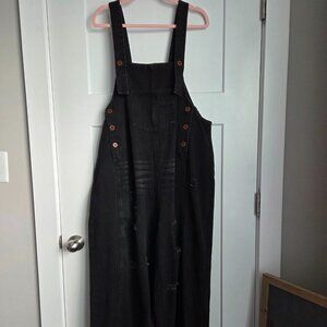Black Denim Distressed Oversized Overalls